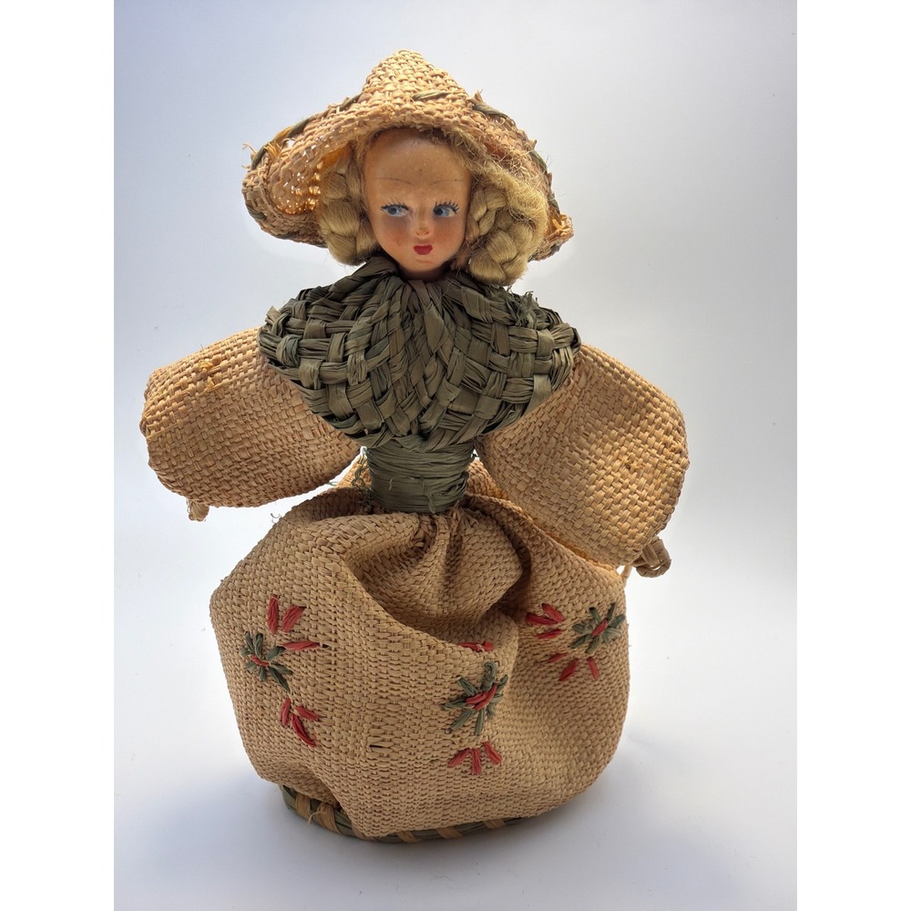 Vintage Woven Straw Doll Purse Handbag Raffia Figural Folk Art Novelty Bag